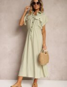 rosa Rochie Verde deschisă din Viscoză cu Croială Cloș cu Elastic în Talie și Capse Memvia