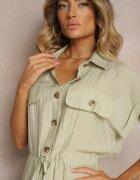 rosa Rochie Verde deschisă din Viscoză cu Croială Cloș cu Elastic în Talie și Capse Memvia