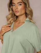 rosa Rochie Verde din Bumbac cu croială boxy cu mâneci reglabile Elonea