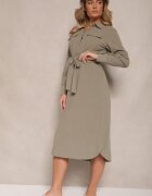 rosa Rochie Verde din Bumbac cu croială tip cămașă Legată în Talie Zinrose