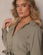 rosa Rochie Verde din Bumbac cu croială tip cămașă Legată în Talie Zinrose