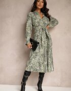 rosa Rochie Verde din bumbac cu imprimeu leopard stil cămașă legată în talie Inoraelis