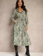 rosa Rochie Verde din bumbac cu imprimeu leopard stil cămașă legată în talie Inoraelis