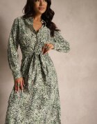 rosa Rochie Verde din bumbac cu imprimeu leopard stil cămașă legată în talie Inoraelis