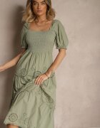 rosa Rochie verde din bumbac decorată cu broderie Iffirina