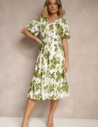 rosa Rochie Verde Din bumbac Evazată Ajurată cu imprimeu floral Velbia