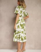 rosa Rochie Verde Din bumbac Evazată Ajurată cu imprimeu floral Velbia