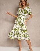 rosa Rochie Verde Din bumbac Evazată Ajurată cu imprimeu floral Velbia