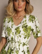 rosa Rochie Verde Din bumbac Evazată Ajurată cu imprimeu floral Velbia