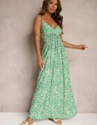 rosa Rochie Verde din Bumbac Evazată cu Bretele Subțiri Risandras