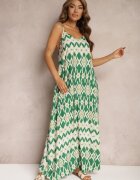 rosa Rochie Verde din Vascoză cu Bretele Croială Evazată și Imprimeu Geometric Xervidia