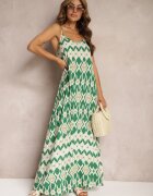 rosa Rochie Verde din Vascoză cu Bretele Croială Evazată și Imprimeu Geometric Xervidia