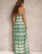 rosa Rochie Verde din Vascoză cu Bretele Croială Evazată și Imprimeu Geometric Xervidia