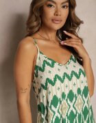 rosa Rochie Verde din Vascoză cu Bretele Croială Evazată și Imprimeu Geometric Xervidia