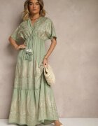 rosa Rochie Verde Din Viscoză Boho cu Croială Petrecută cu Broderie Metalică Redeselle