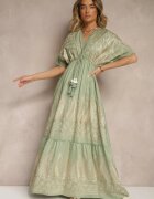 rosa Rochie Verde Din Viscoză Boho cu Croială Petrecută cu Broderie Metalică Redeselle