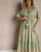 rosa Rochie Verde Din Viscoză Boho cu Croială Petrecută cu Broderie Metalică Redeselle