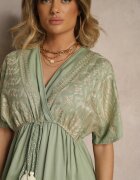 rosa Rochie Verde Din Viscoză Boho cu Croială Petrecută cu Broderie Metalică Redeselle