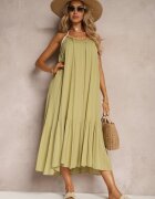 rosa Rochie Verde din Viscoză cu bretele Decorată cu paiete și fir metalic Beloe