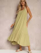 rosa Rochie Verde din Viscoză cu bretele Decorată cu paiete și fir metalic Beloe