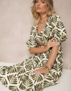 rosa Rochie Verde din Viscoză cu croi evazat cu model vegetal Heledis