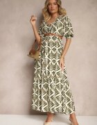 rosa Rochie Verde din Viscoză cu croi evazat cu model vegetal Heledis