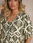 rosa Rochie Verde din Viscoză cu croi evazat cu model vegetal Heledis