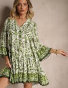 rosa Rochie Verde din Viscoză cu Croială Cloș cu Imprimeu Etnic Aledia