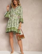 rosa Rochie Verde din Viscoză cu Croială Cloș cu Imprimeu Etnic Aledia
