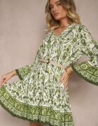 rosa Rochie Verde din Viscoză cu Croială Cloș cu Imprimeu Etnic Aledia
