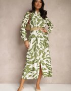 rosa Rochie Verde din Viscoză cu croială tip cămașă cu Curea Împletită Faledina