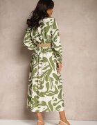 rosa Rochie Verde din Viscoză cu croială tip cămașă cu Curea Împletită Faledina