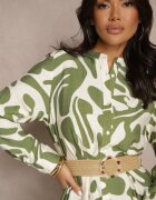 rosa Rochie Verde din Viscoză cu croială tip cămașă cu Curea Împletită Faledina