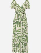 rosa Rochie Verde din Viscoză cu Decolteu Triunghiular și Elastic în Talie cu Curea din Material Viketa
