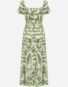 rosa Rochie Verde din Viscoză cu Decolteu Triunghiular și Elastic în Talie cu Curea din Material Viketa
