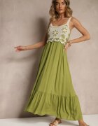 rosa Rochie Verde din Viscoză Decorată cu Broderie Rinastra
