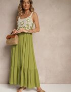 rosa Rochie Verde din Viscoză Decorată cu Broderie Rinastra
