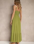 rosa Rochie Verde din Viscoză Decorată cu Broderie Rinastra