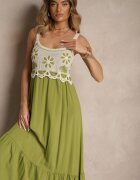 rosa Rochie Verde din Viscoză Decorată cu Broderie Rinastra