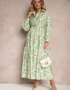 rosa Rochie Verde Evazată cu Vâscoză cu Imprimeu Geometric Apirestia