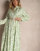 rosa Rochie Verde Evazată cu Vâscoză cu Imprimeu Geometric Apirestia