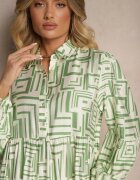 rosa Rochie Verde Evazată cu Vâscoză cu Imprimeu Geometric Apirestia