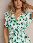 rosa Rochie Verde Evazată cu Volănaș Florală Iletes