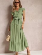 rosa Rochie Verde Evazată Maxi cu elastic în talie Lavla