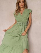 rosa Rochie Verde Evazată Maxi cu elastic în talie Lavla