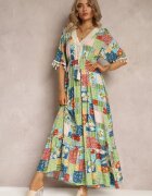 rosa Rochie Verde Evazată Maxi cu Volănaș cu Model Patchwork Fiorella