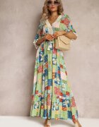 rosa Rochie Verde Evazată Maxi cu Volănaș cu Model Patchwork Fiorella