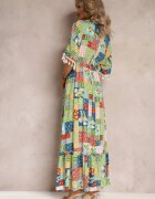 rosa Rochie Verde Evazată Maxi cu Volănaș cu Model Patchwork Fiorella