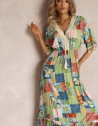 rosa Rochie Verde Evazată Maxi cu Volănaș cu Model Patchwork Fiorella