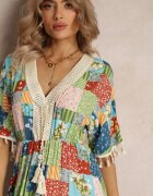 rosa Rochie Verde Evazată Maxi cu Volănaș cu Model Patchwork Fiorella